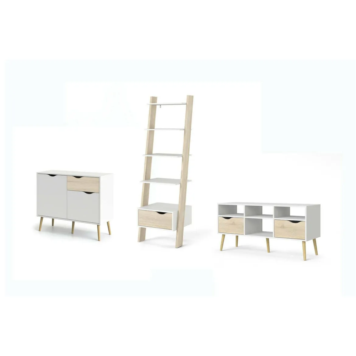 Set Mobili da Soggiorno Bianco Marrone Rovere Nodi Cassetti Modulabile, 5 Ripiani - Walla