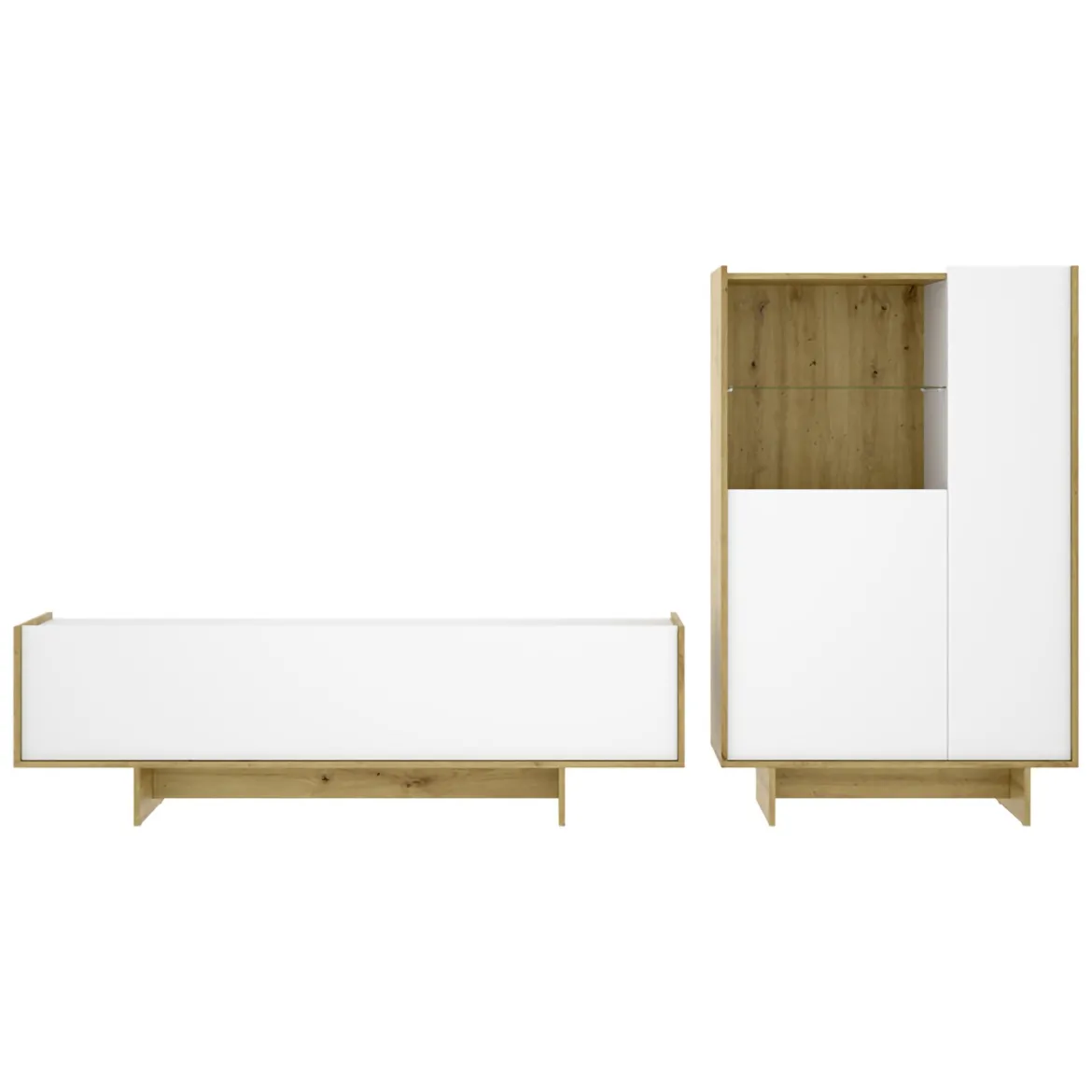 Set Mobili da Soggiorno Bianco Marrone Rovere Nodi Cassetti Modulabile, 5 Ripiani - Walla