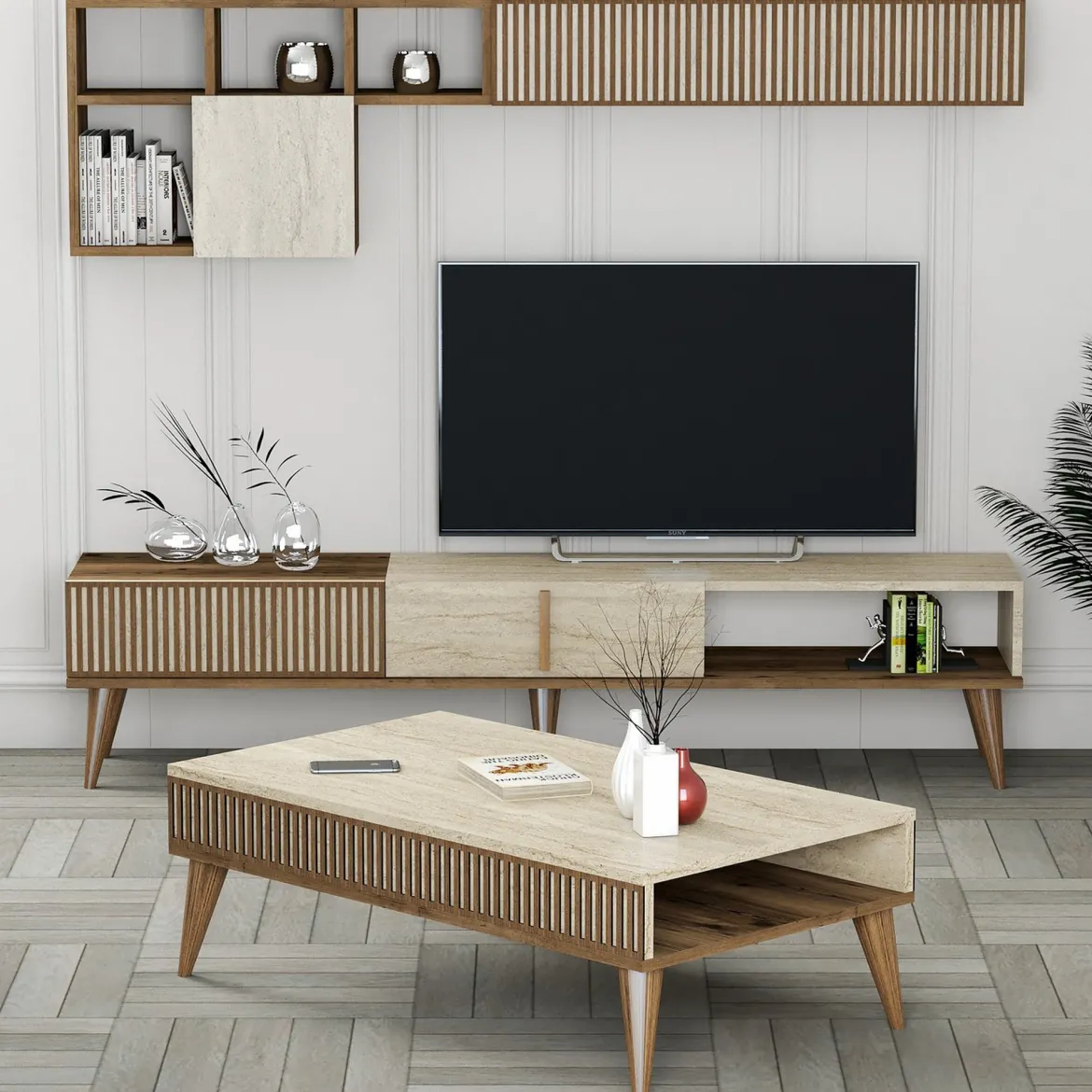 Set Mobili da Soggiorno Marrone Beige Marmo Modulabile 9 Ripiani, 2 Ante - Cassacco