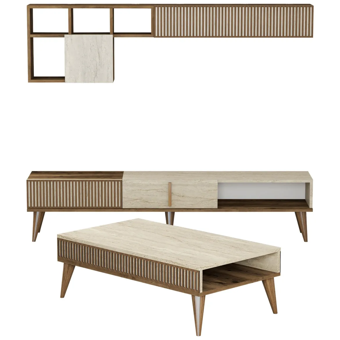 Set Mobili da Soggiorno Marrone Beige Marmo Modulabile 9 Ripiani, 2 Ante - Cassacco