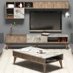 Set Mobili da Soggiorno Marrone Noce Bianco Marmo Modulabile 9 Ripiani, 2 Ante - Ollomont