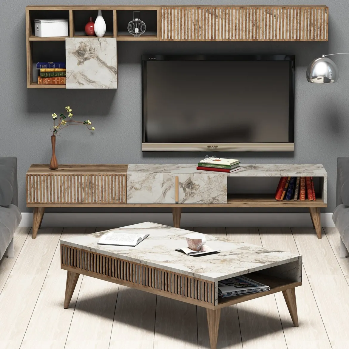 Set Mobili da Soggiorno Marrone Noce Bianco Marmo Modulabile 9 Ripiani, 2 Ante - Ollomont