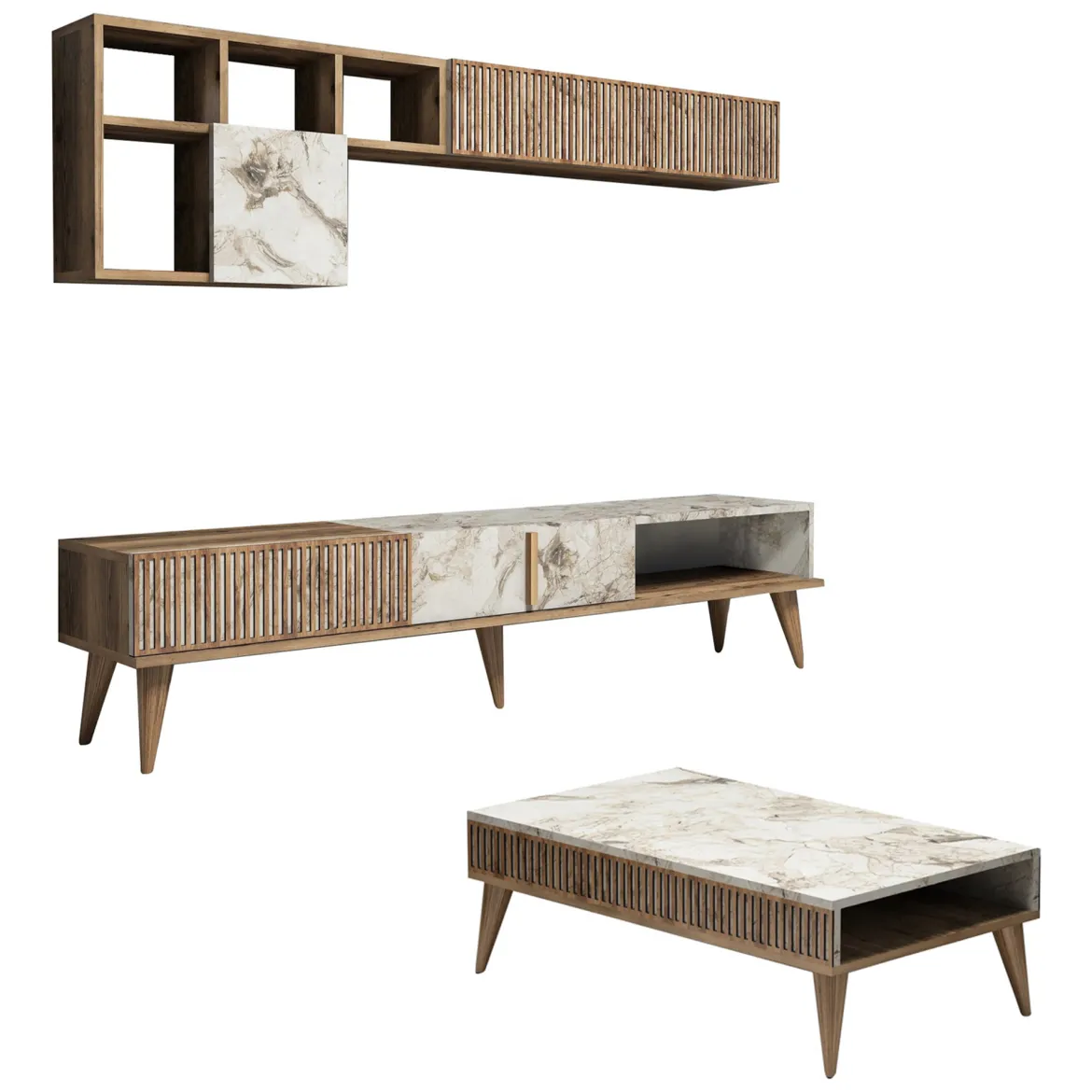 Set Mobili da Soggiorno Marrone Noce Bianco Marmo Modulabile 9 Ripiani, 2 Ante - Ollomont