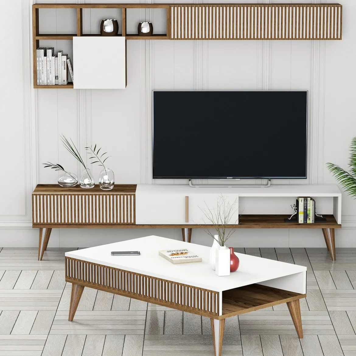 Set Mobili da Soggiorno Marrone Noce Bianco Modulabile 9 Ripiani, 2 Ante - Cassacco