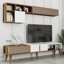 Set Mobili da Soggiorno Marrone Noce Bianco Modulabile 9 Ripiani, 2 Ante - Cassacco