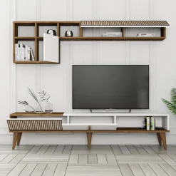 Set Mobili da Soggiorno Marrone Noce Bianco Modulabile 9 Ripiani, 2 Ante - Cassacco