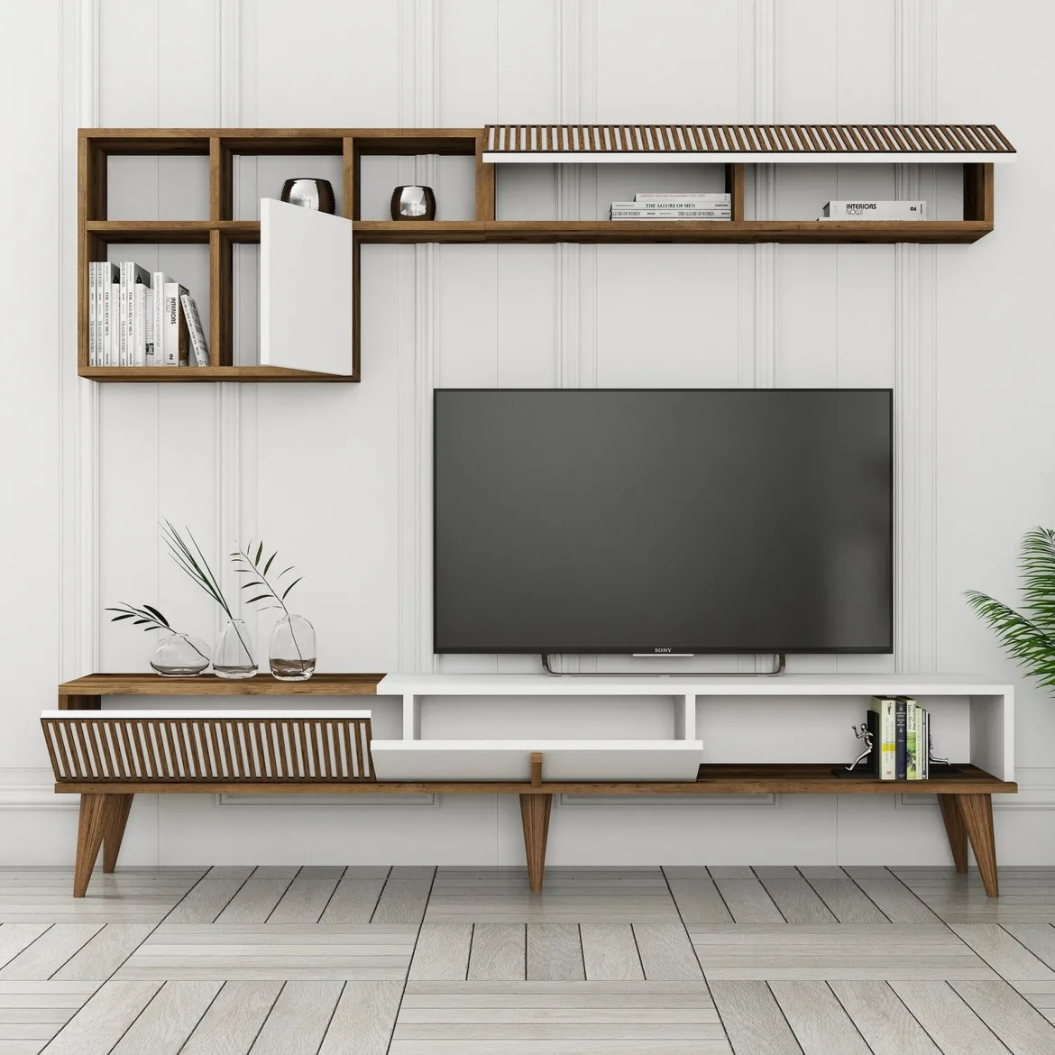 Set Mobili da Soggiorno Marrone Noce Bianco Modulabile 9 Ripiani, 2 Ante - Cassacco