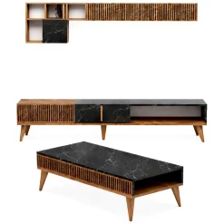 Set Mobili da Soggiorno Marrone Noce Nero Marmo Modulabile 9 Ripiani, 2 Ante - Ollomont