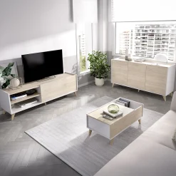 Set Mobili da Soggiorno Marrone Rovere Bianco Cassetti Modulabile, 4 Ripiani - Tellur