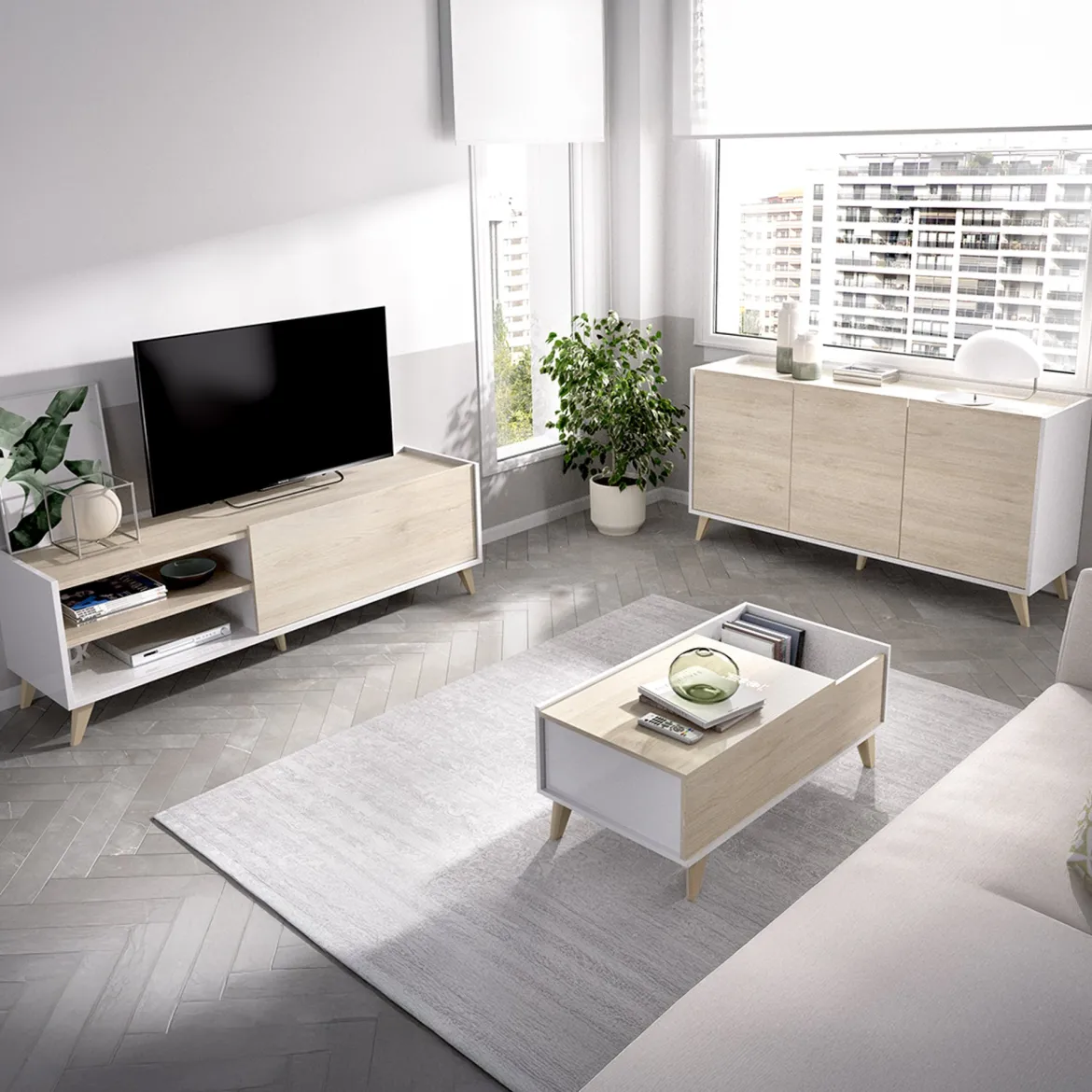 Set Mobili da Soggiorno Marrone Rovere Bianco Cassetti Modulabile, 5 Ripiani - Sutter