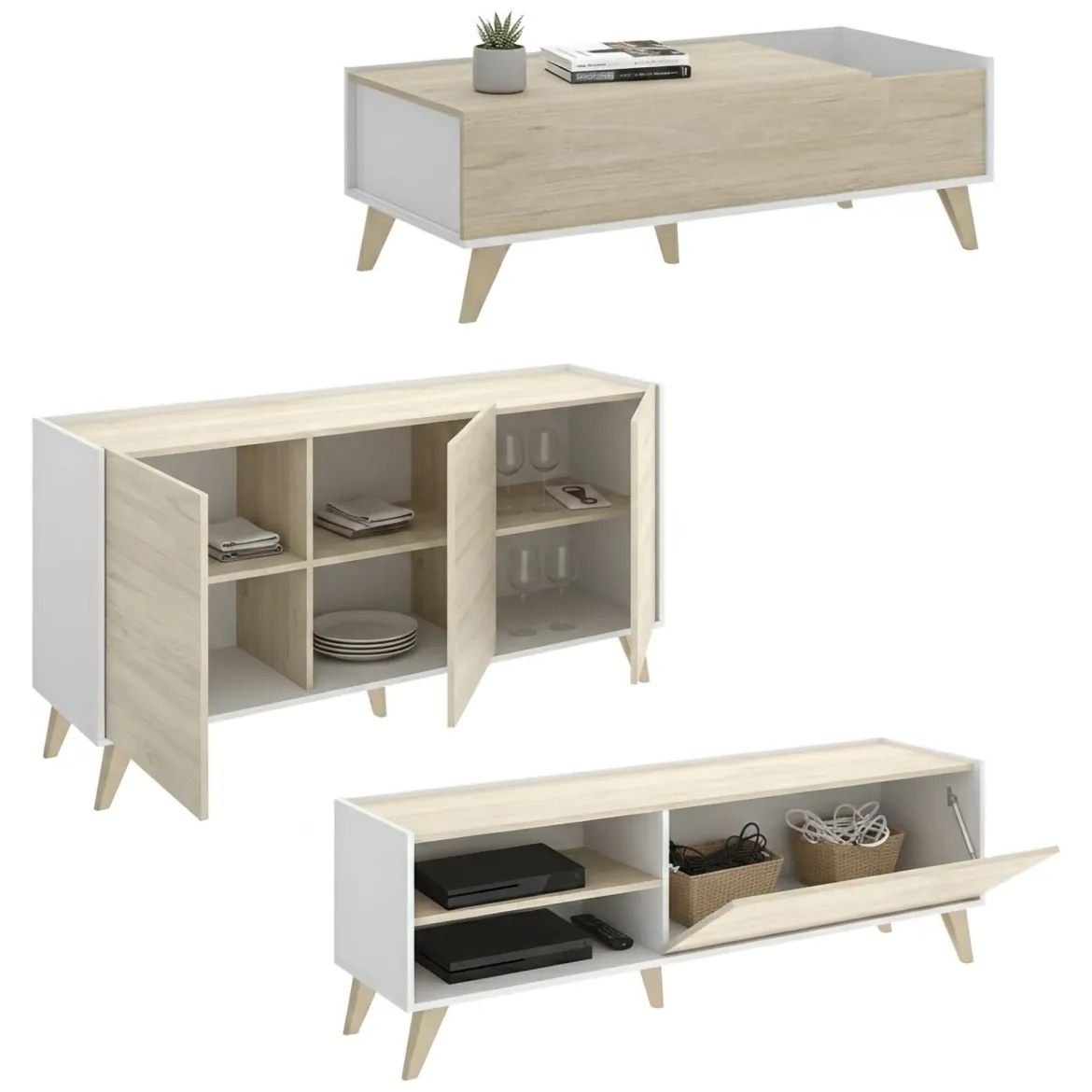 Set Mobili da Soggiorno Marrone Rovere Bianco Cassetti Modulabile, 5 Ripiani - Sutter