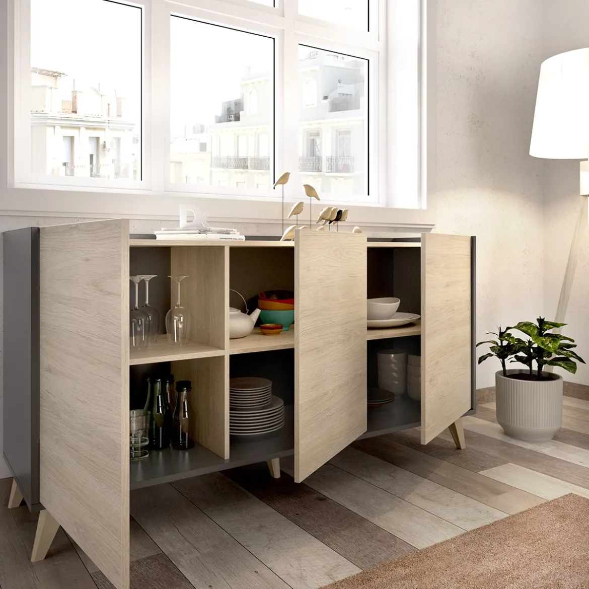 Set Mobili da Soggiorno Marrone Rovere Nero Antracite Cassetti Modulabile, 5 Ripiani - Tuscola