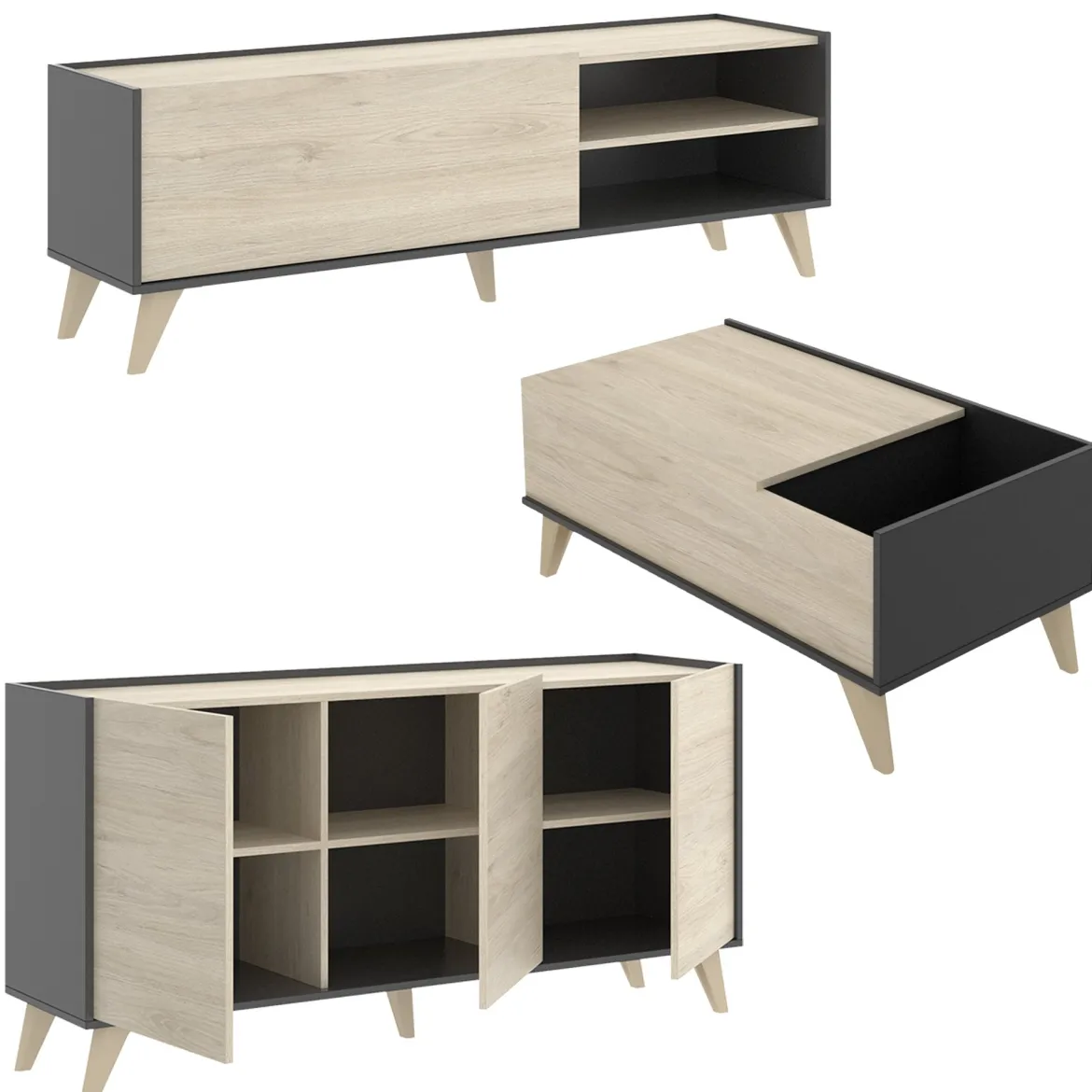 Set Mobili da Soggiorno Marrone Rovere Nero Antracite Cassetti Modulabile, 5 Ripiani - Tuscola