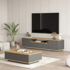 Set Mobili da Soggiorno Marrone Rovere Nodi Nero Modulabile 2 Ripiani, 5 Ante - Nativo