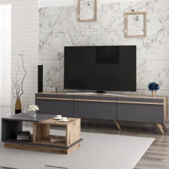 Set Mobili da Soggiorno Nero Antracite Marrone Noce Modulabile 2 Ripiani, 3 Ante - Lerici