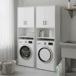 Set Mobili per Lavanderia Bianco 4 Ripiani 6 Vani, Apertura Battente - Delebio