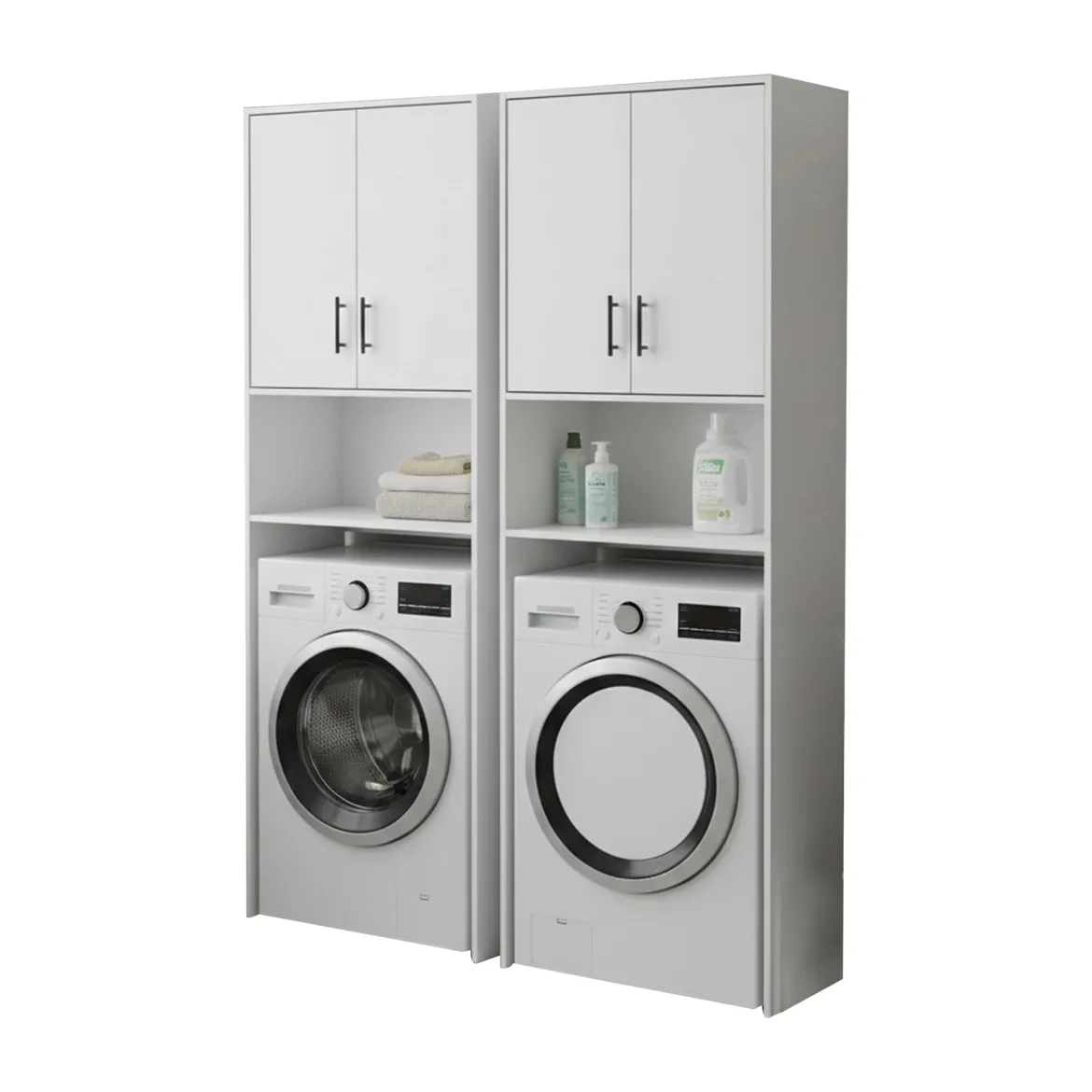 Set Mobili per Lavanderia Bianco 4 Ripiani 7 Vani, Apertura Battente - Ornago