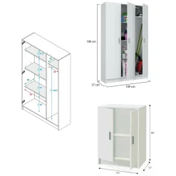 Set Mobili per Lavanderia Bianco 6 Ripiani 8 Vani, Apertura Battente - Fenis
