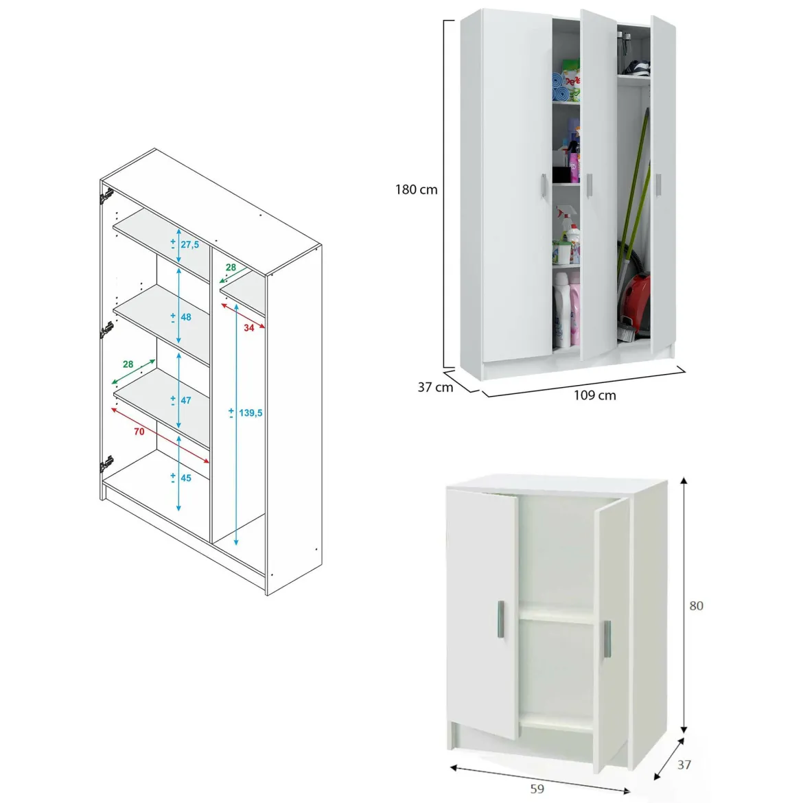 Set Mobili per Lavanderia Bianco 6 Ripiani 8 Vani, Apertura Battente - Fenis