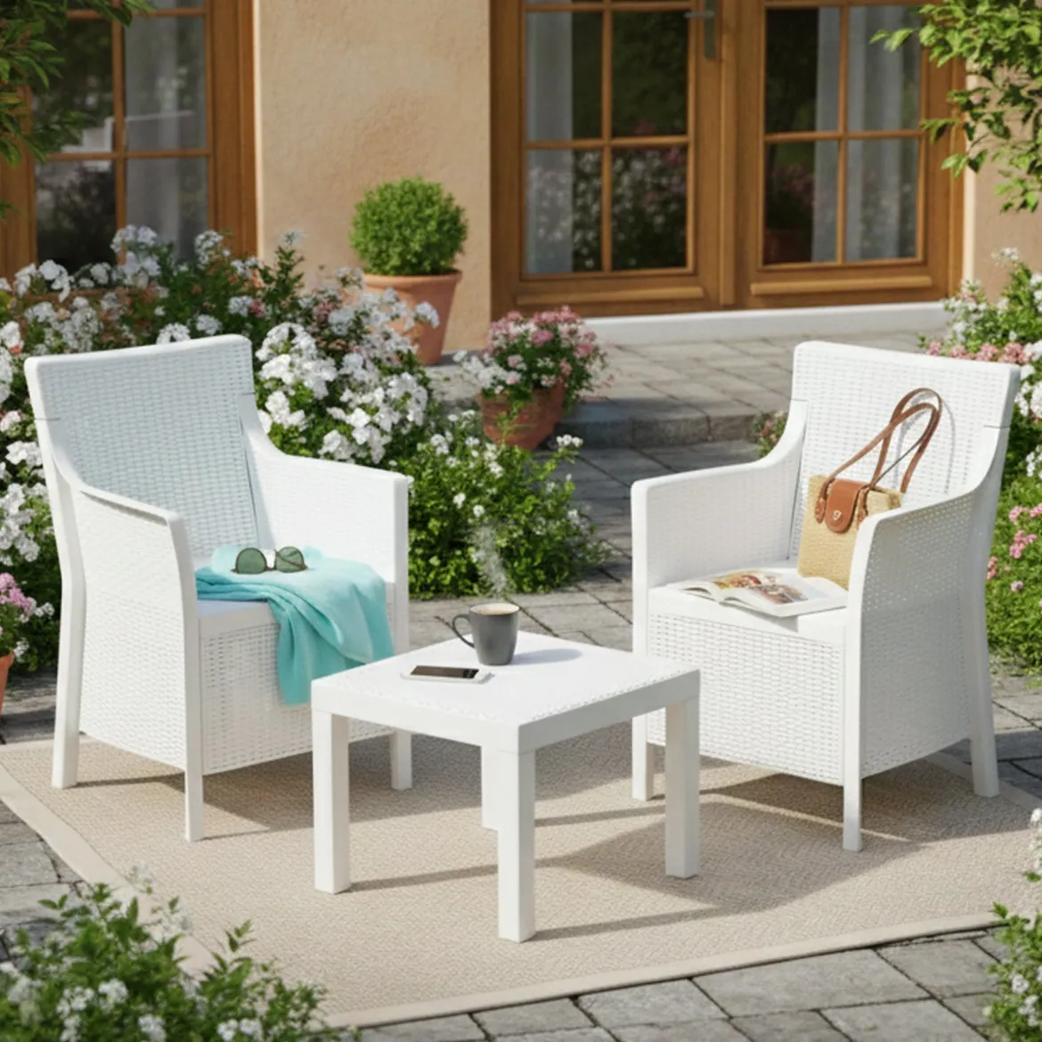 Set Salotto da Esterno Bianco 2 Posti un Tavolino, Made in Italy - Cassville