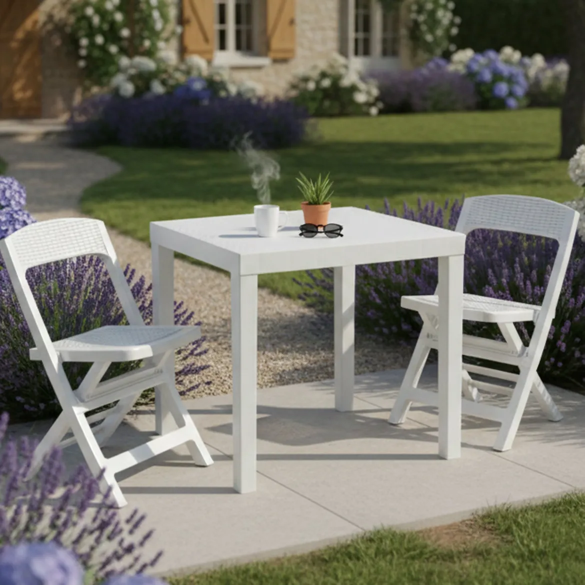 Set Salotto da Esterno Bianco 2 Posti un Tavolino, Made in Italy - Floritan