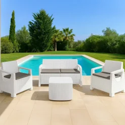 Set Salotto da Esterno Bianco 4 Posti un Tavolino, Impermeabile Idrorepellente - Alesandro