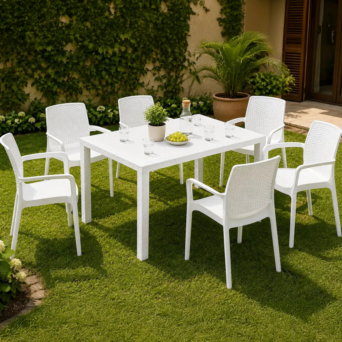 Set Salotto da Esterno Bianco Bianco 6 Posti 2 Tavolini, Beige Made in Italy - Curno