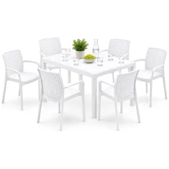 Set Salotto da Esterno Bianco Bianco 6 Posti 2 Tavolini, Beige Made in Italy - Curno