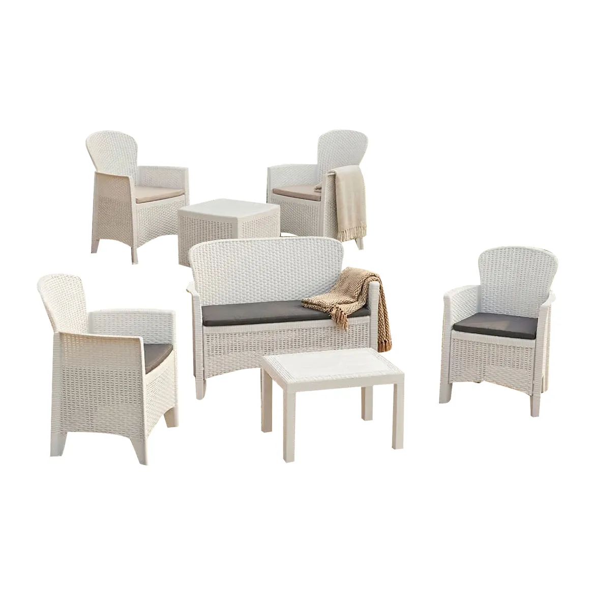 Set Salotto da Esterno Bianco Bianco 6 Posti 2 Tavolini, Impermeabile Idrorepellente Made in Italy - Dervio