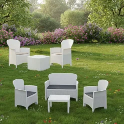 Set Salotto da Esterno Bianco Bianco 6 Posti 2 Tavolini, Impermeabile Idrorepellente Made in Italy - Dervio