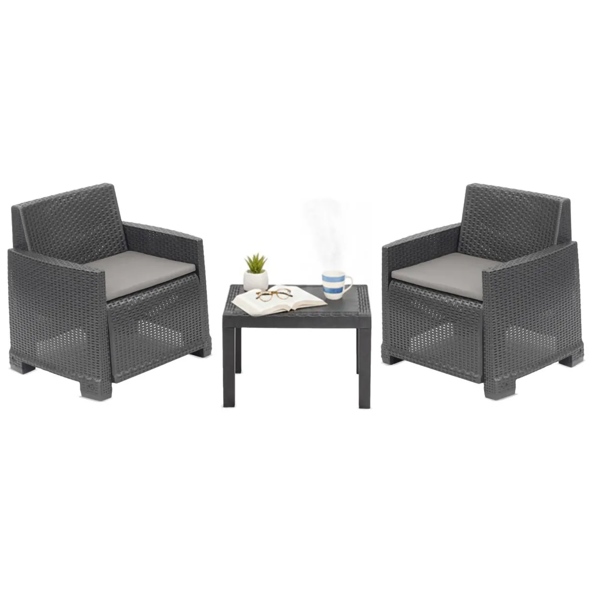 Set Salotto da Esterno Nero Antracite 2 Posti un Tavolino, Cuscini Inclusi - Rosta