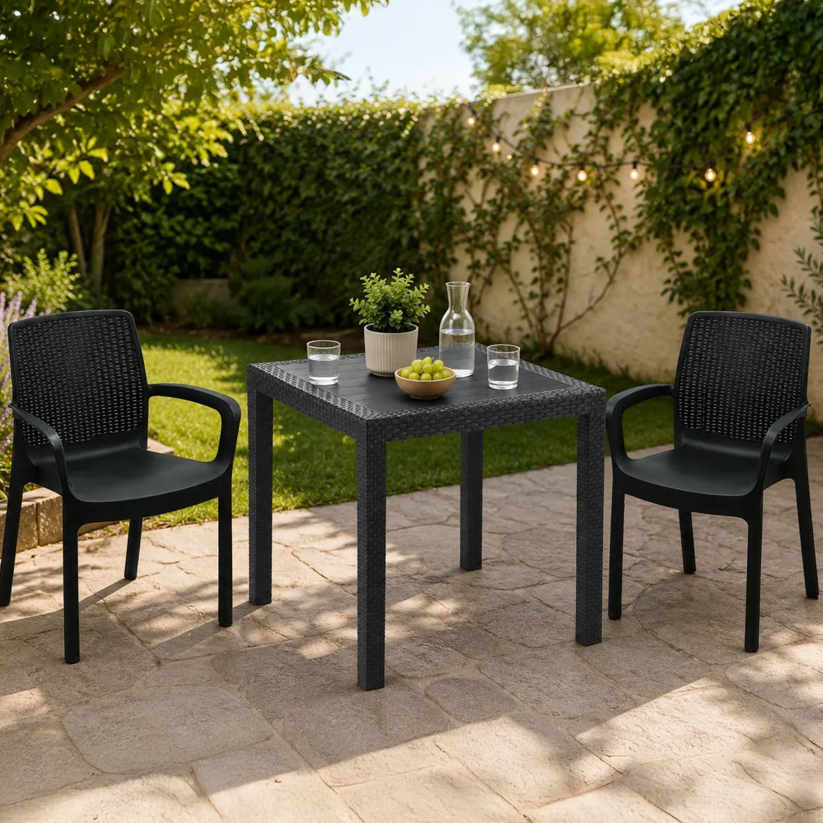 Set Salotto da Esterno Nero Antracite 2 Posti un Tavolino, Made in Italy - Ben