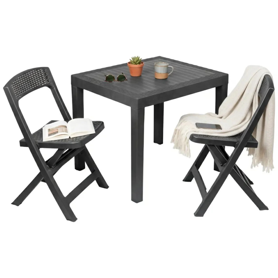 Set Salotto da Esterno Nero Antracite 2 Posti un Tavolino, Made in Italy - Corinth