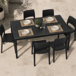 Set Salotto da Esterno Nero Antracite 6 Posti Tavolo Tavolo Allungabile, Finitura Effetto Doghe Made in Italy - Maseta