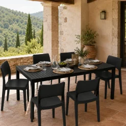 Set Salotto da Esterno Nero Antracite 6 Posti Tavolo Tavolo Allungabile, Finitura Effetto Doghe Made in Italy - Maseta