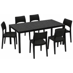 Set Salotto da Esterno Nero Antracite 6 Posti Tavolo Tavolo Allungabile, Finitura Effetto Doghe Made in Italy - Maseta