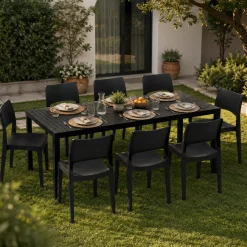 Set Salotto da Esterno Nero Antracite 8 Posti Tavolo Tavolo Allungabile, Finitura Effetto Doghe Made in Italy - Masiba
