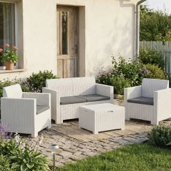 Set salotto esterno poltrone e divano con tavolino contenitore bianco - Gazania