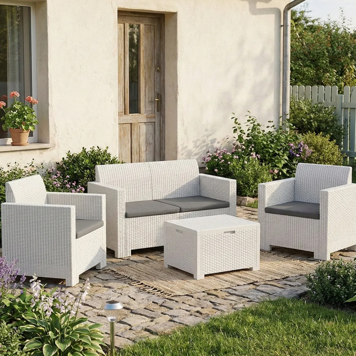 Set salotto esterno poltrone e divano effetto rattan tortora - Palu