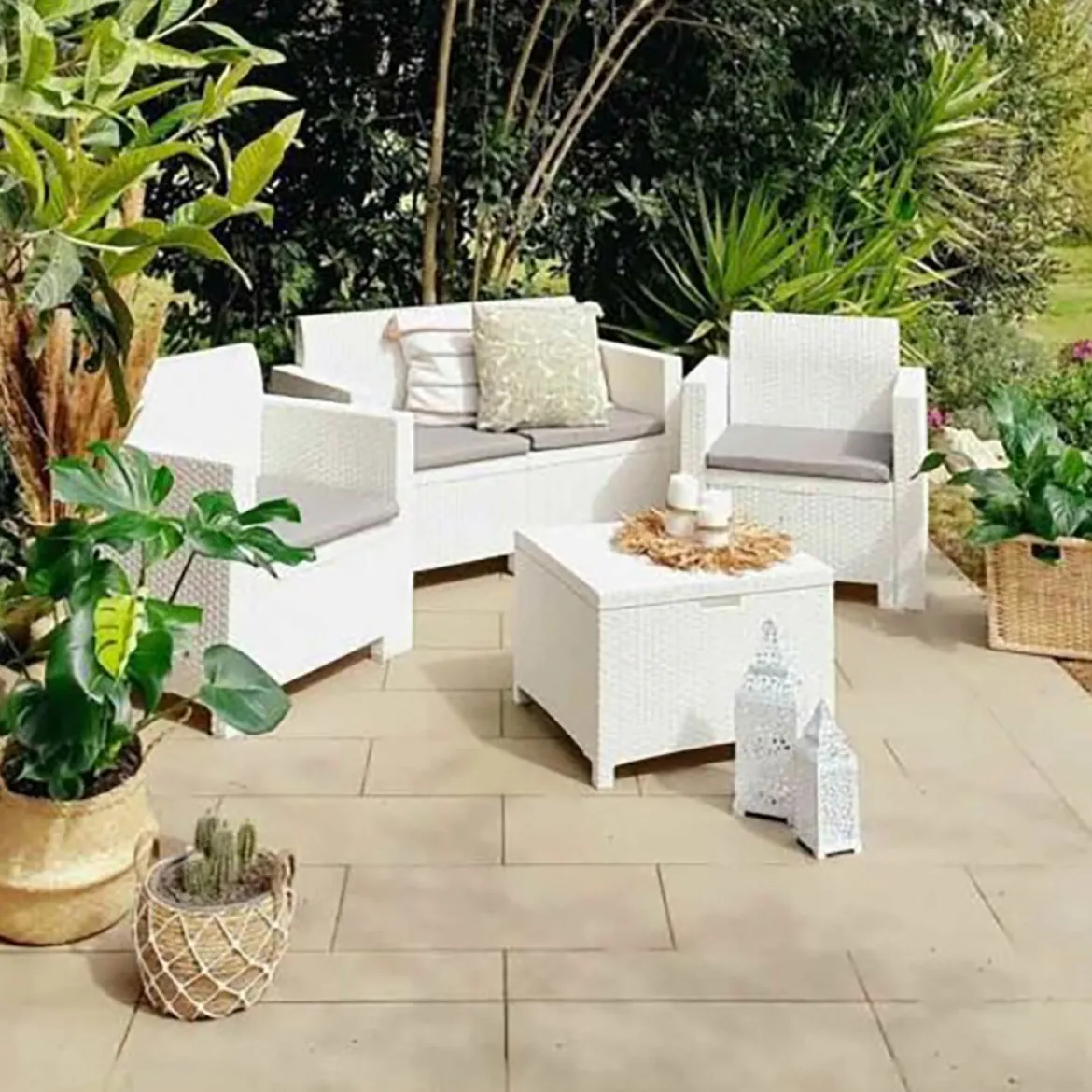 Set salotto esterno poltrone e divano effetto rattan tortora - Palu