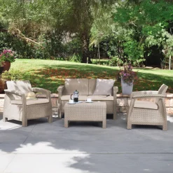 Set salotto esterno 3 posti e 1 tavolo effetto rattan beige - Nelson