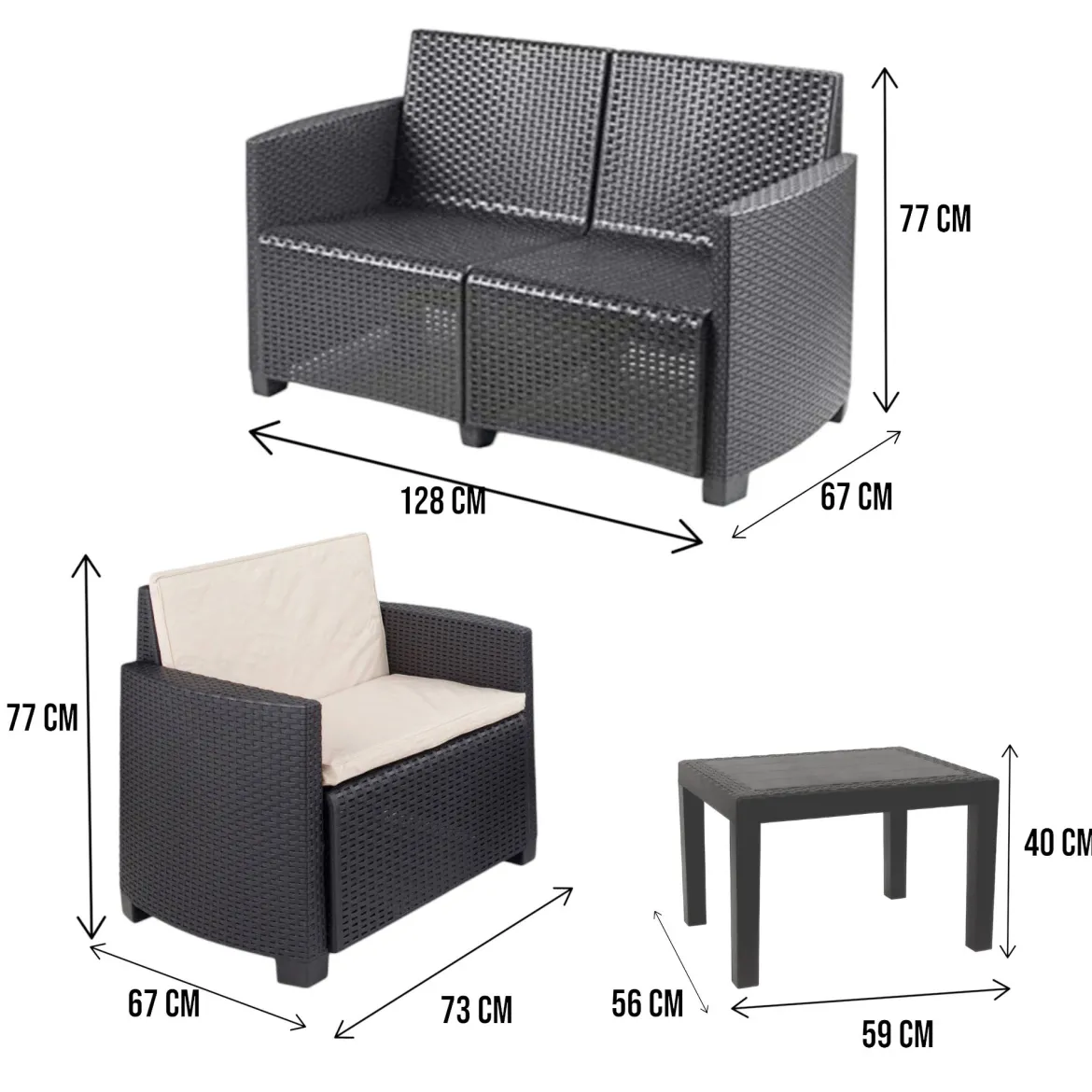 Set salotto giardino impermeabile effetto rattan antracite - Arabesk