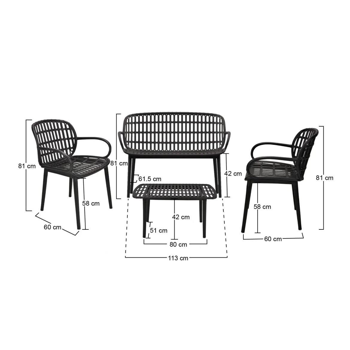 Set salotto giardino minimal 2 poltrone e 1 panchina antracite - Jurij