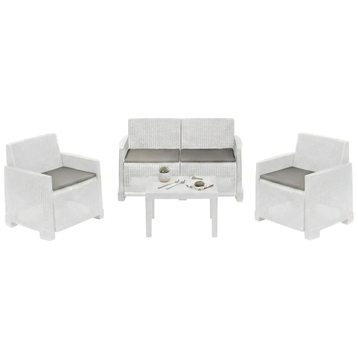Set salotto giardino 4 posti e 1 tavolo effetto rattan bianco - Atrito