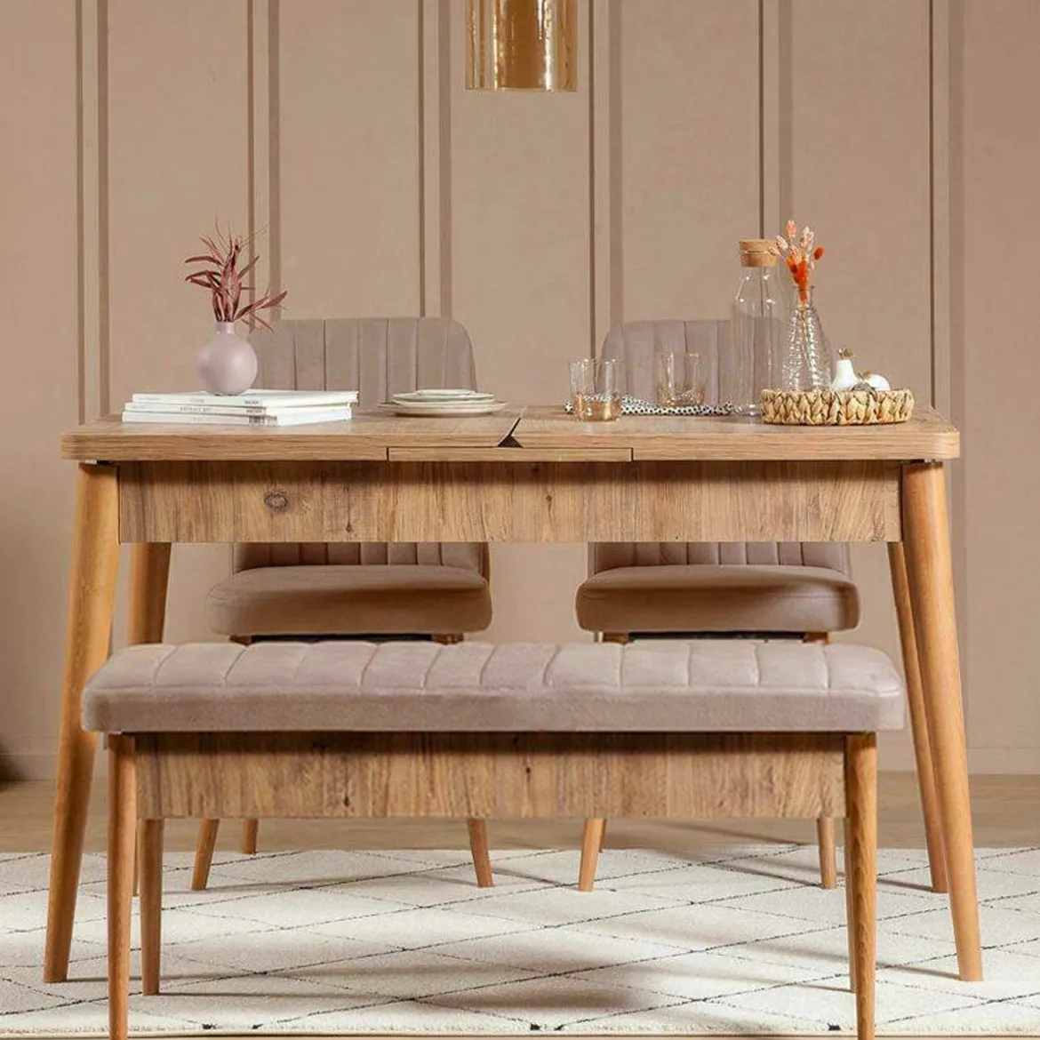 Set tavolo allungabile 8 posti 2 sedie e 1 panca in legno - Padru