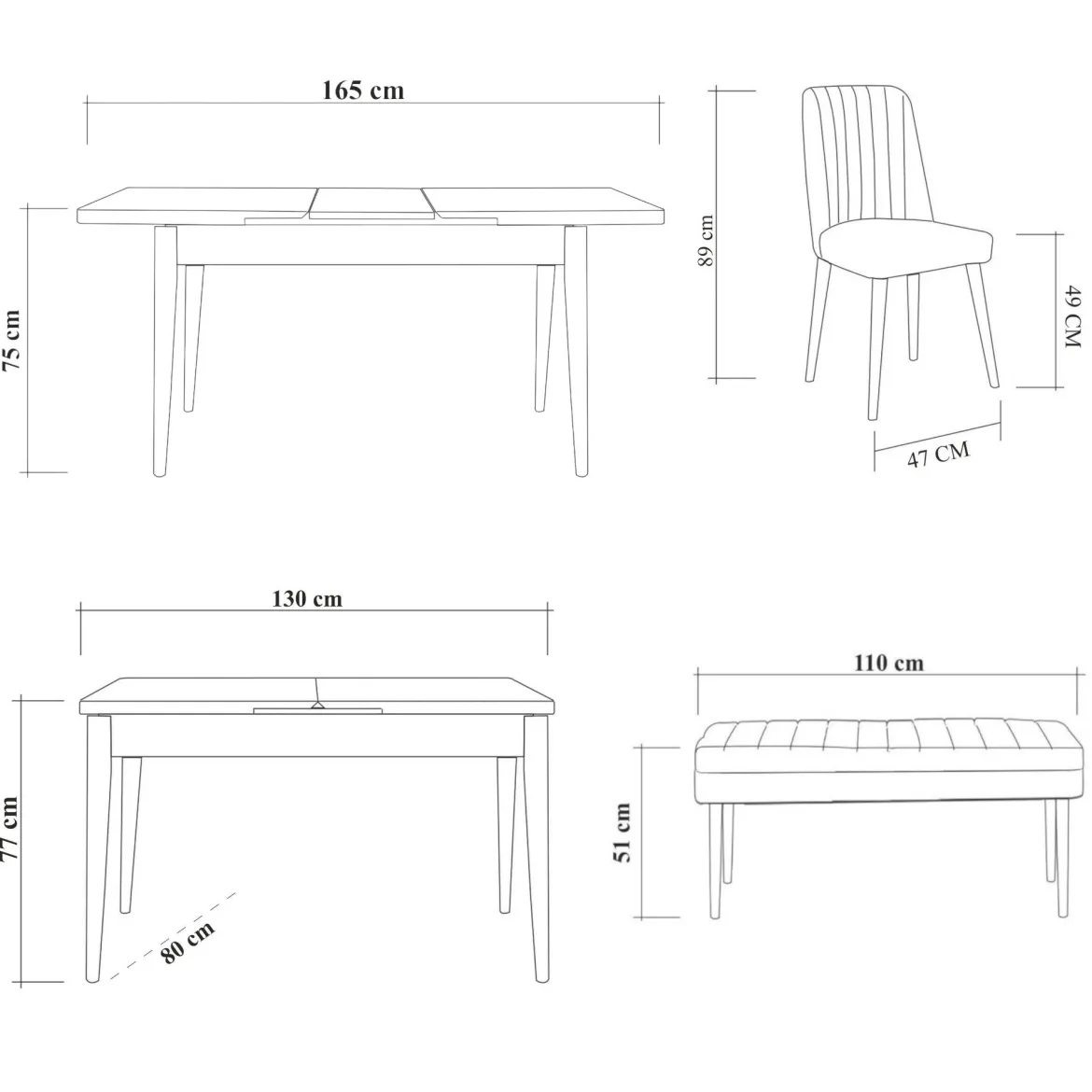 Set tavolo allungabile 8 posti 2 sedie e 1 panca in legno - Padru