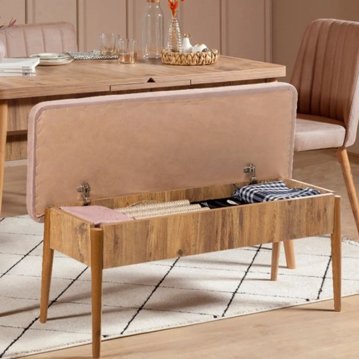 Set tavolo allungabile 8 posti 2 sedie e 1 panca in legno - Padru