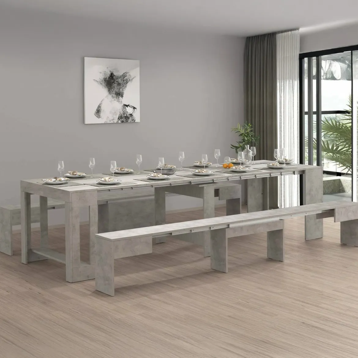Set tavolo cucina estensibile e 2 panche estensibili grigio 12 posti - Auditore