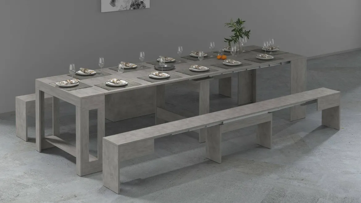 Set tavolo cucina estensibile e 2 panche estensibili grigio 12 posti - Auditore