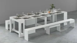 Set tavolo da pranzo allungabile e 2 panche allungabili bianco lucido 12 posti - Auditore